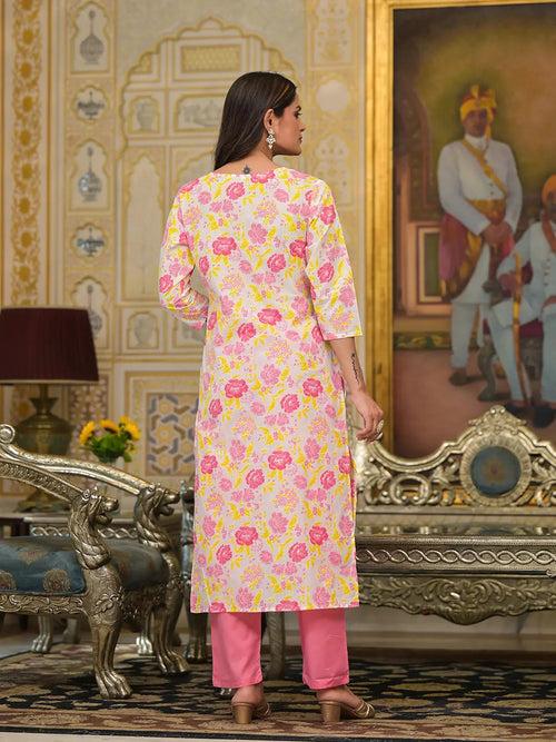 Pink Floral Print Straight Button Show On Yoke Kurta Trouser And Dupatta Set