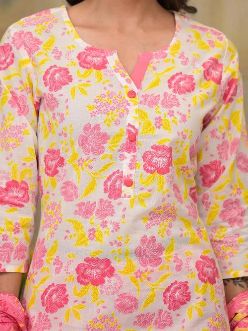 Pink Floral Print Straight Button Show On Yoke Kurta Trouser And Dupatta Set