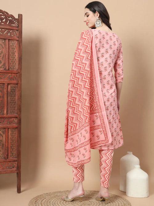 Pink Floral,Sequins_Work Straight Kurta Trouser And Dupatta Set