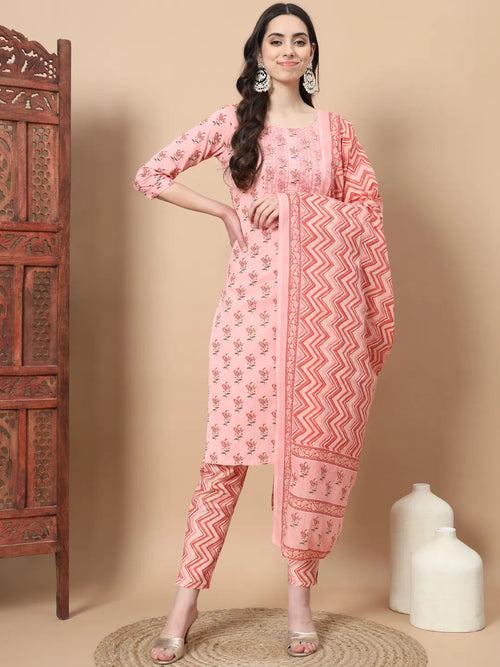 Pink Floral,Sequins_Work Straight Kurta Trouser And Dupatta Set