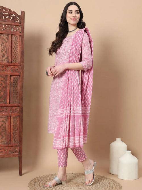 Pink Floral,Thread_Work Straight Kurta Trouser And Dupatta Set