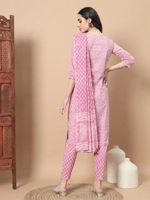 Pink Floral,Thread_Work Straight Kurta Trouser And Dupatta Set