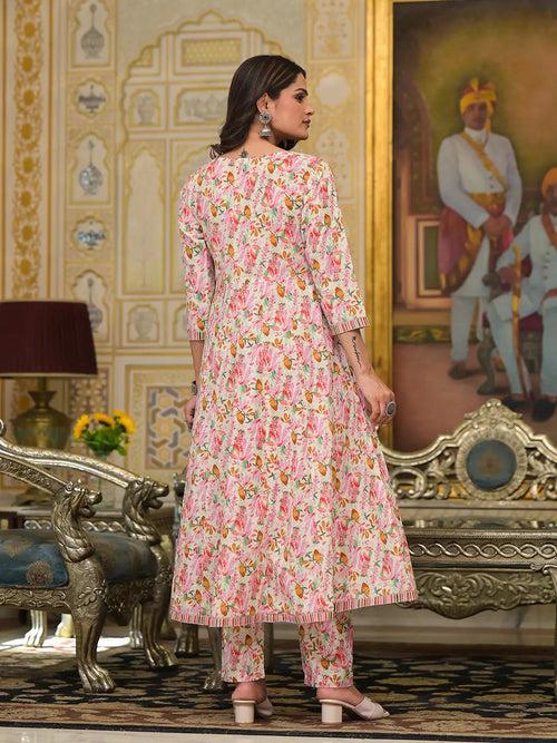 Pink Leaf Print Zari Work Anarkali Kurta Trouser With Dupatta Set