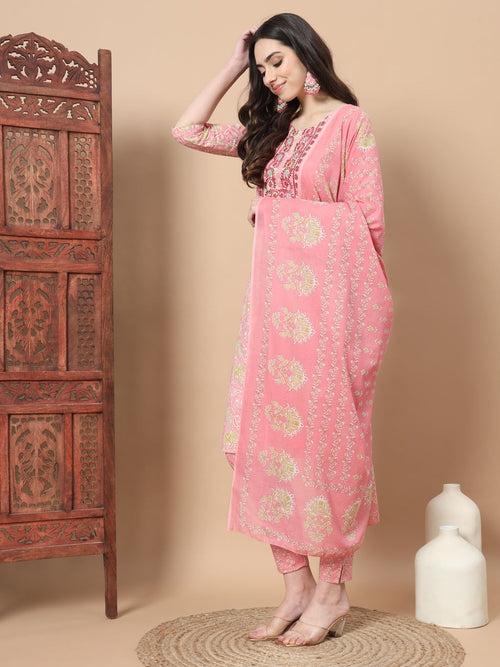 Pink Printed Cotton Kurta Dupatta Set