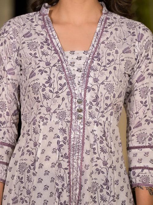 Purple Floral Print Kantha Work A-Line Dress