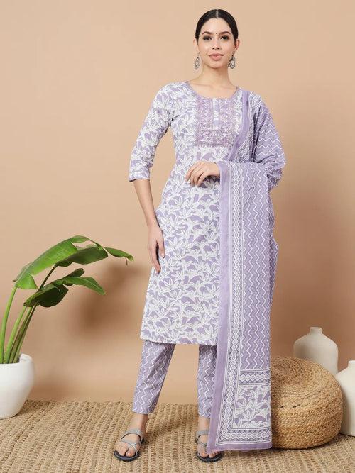 Purple Floral Print Sequins_Work Straight Kurta Trouser And Dupatta Set