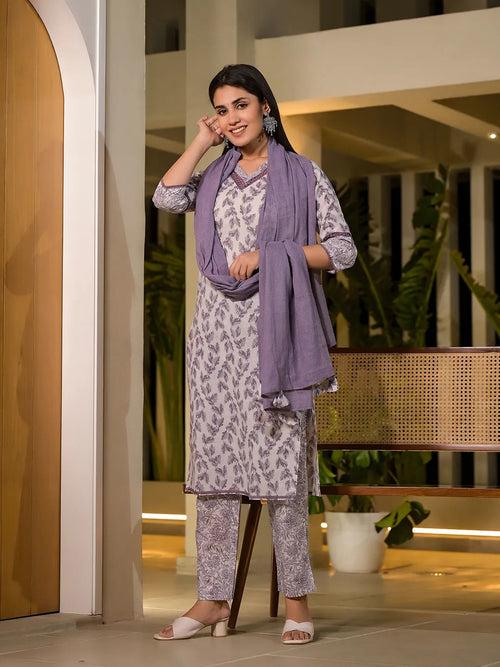 Purple Leaf Print Cotton Straight Kurta With Trousers And Dupatta Set