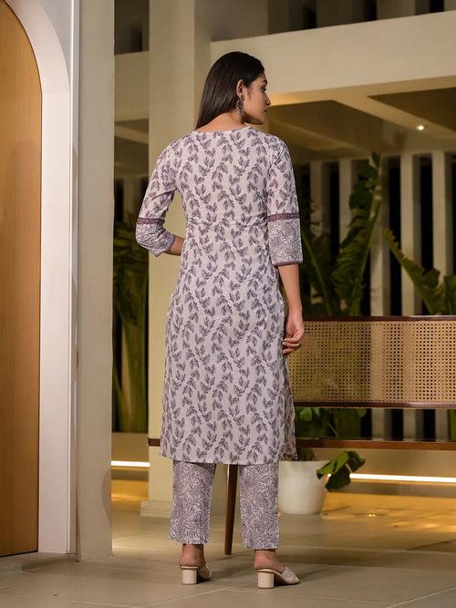 Purple Leaf Print Cotton Straight Kurta With Trousers And Dupatta Set