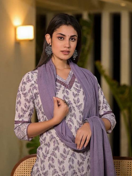 Purple Leaf Print Cotton Straight Kurta With Trousers And Dupatta Set