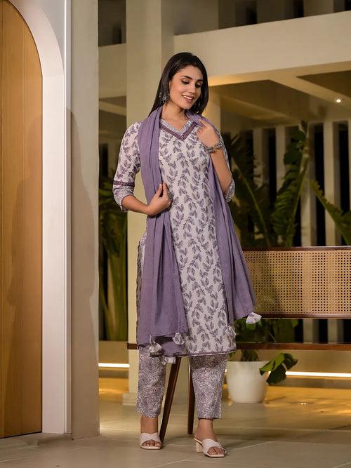 Purple Leaf Print Cotton Straight Kurta With Trousers And Dupatta Set