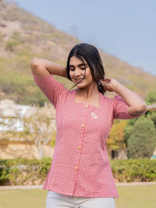 Red Cotton Checks Printed Top