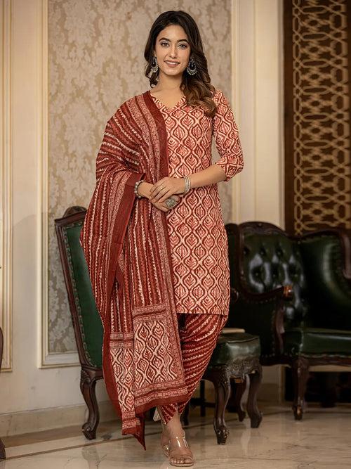 Rust Ethnic Motifs Straight Kurta Trouser And Dupatta Set