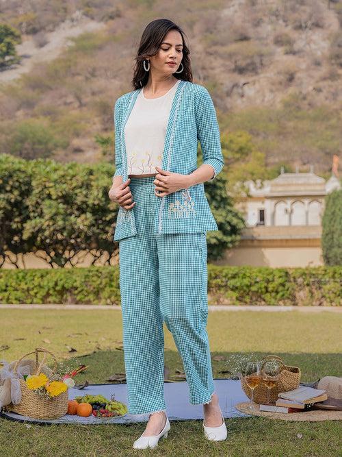 Sea Green Cotton Checks Printed Co-Ord Set With Embroidery
