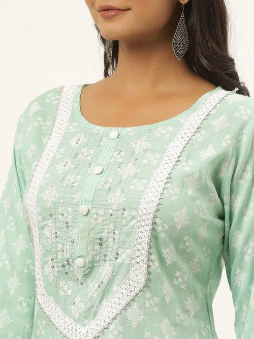 Sea Green Ethnic Motifs Printed Kurta Set