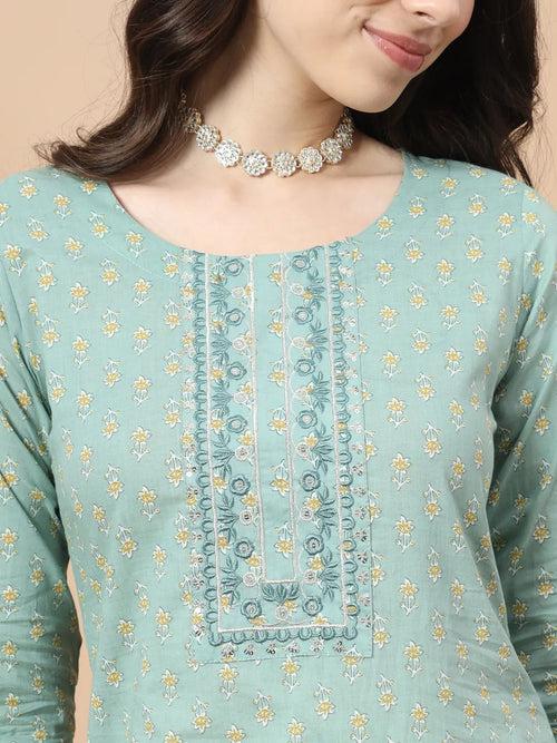 Sea Green Ethnic Motifs,Thread_Work Straight Kurta Trouser And Dupatta Set