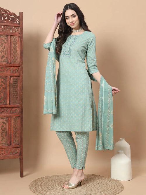 Sea Green Ethnic Motifs,Thread_Work Straight Kurta Trouser And Dupatta Set