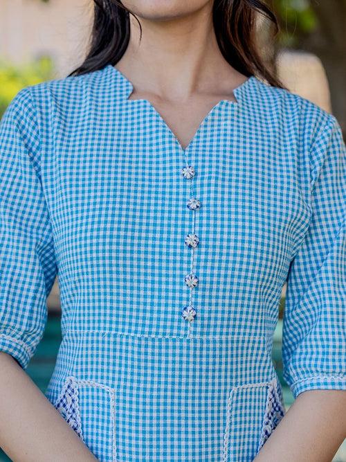 Sky Blue Check Tiered Dress