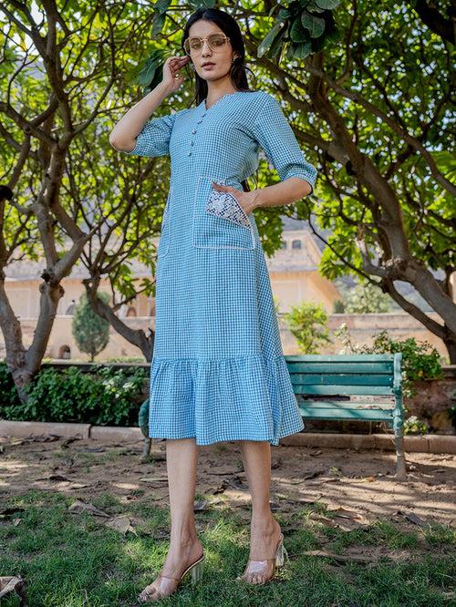 Sky Blue Check Tiered Dress