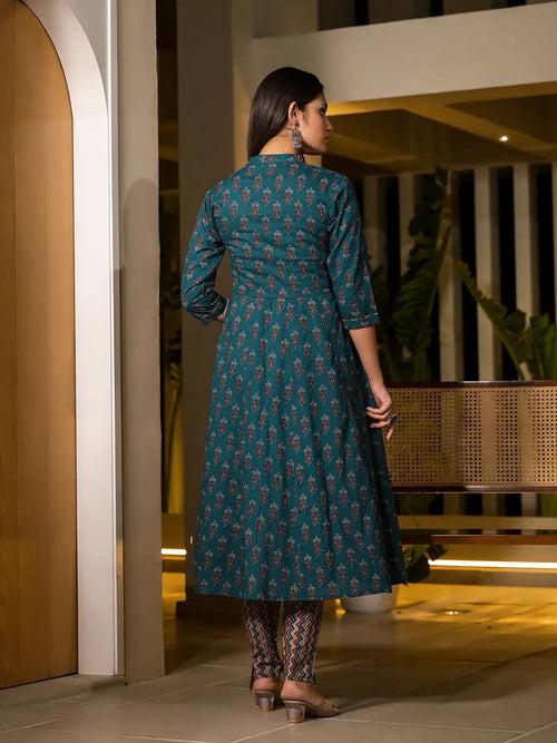 Teal Green Floral Print Cotton Anarkali Style Kurta With Trousers And Dupatta Set
