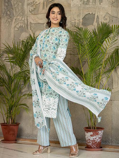 White And Sky Blue Floral Print Pakistani Style Kurta Trouser And Dupatta Set With Lace Work