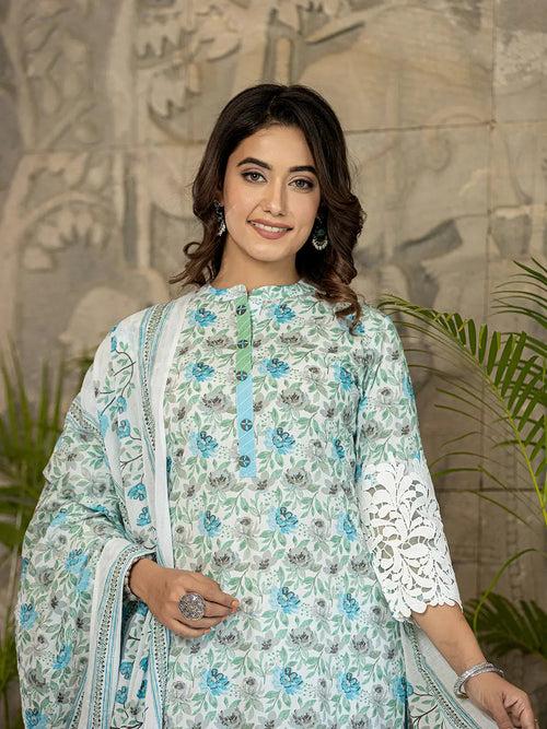 White And Sky Blue Floral Print Pakistani Style Kurta Trouser And Dupatta Set With Lace Work