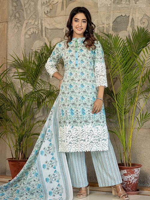White And Sky Blue Floral Print Pakistani Style Kurta Trouser And Dupatta Set With Lace Work