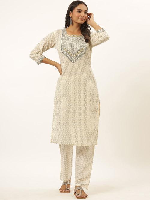 White Printed Kurta Set