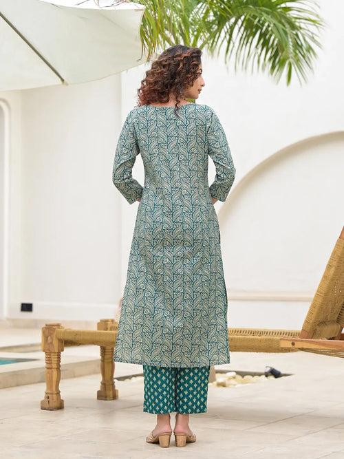 Yufta Embroidered Printed Teal Green Cotton Kurta Set With Dupatta Set