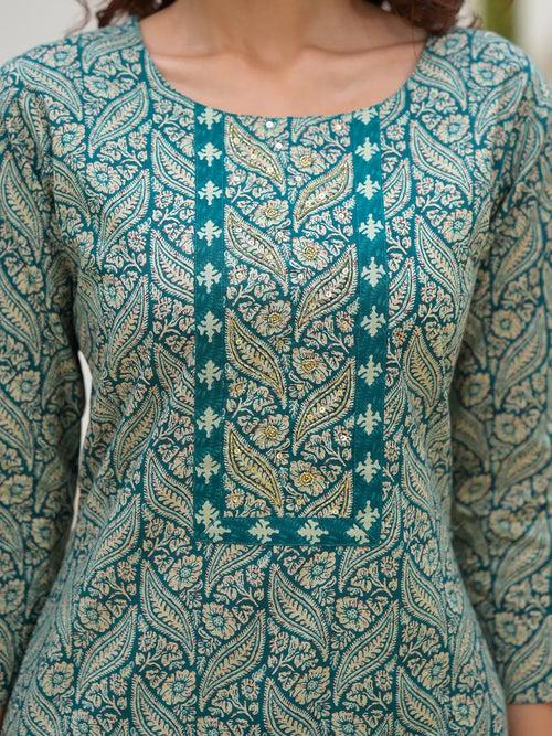 Yufta Embroidered Printed Teal Green Cotton Kurta Set With Dupatta Set