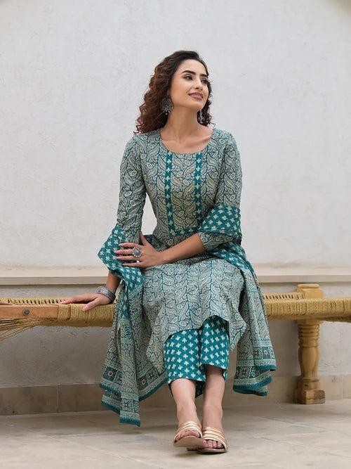 Yufta Embroidered Printed Teal Green Cotton Kurta Set With Dupatta Set