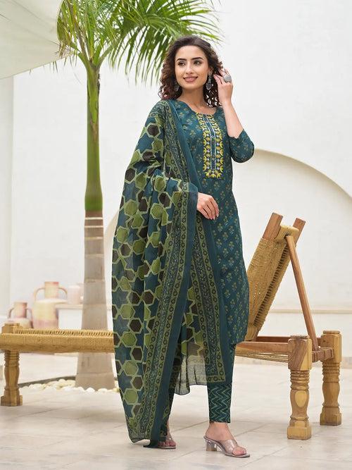 Yufta Green Cotton Thread_Work Sequins_Work Zari_Work Kurta Set With Dupatta Set