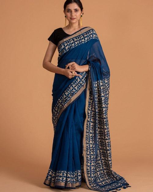 Chanderi Saree Applique Ball Motif, Blue