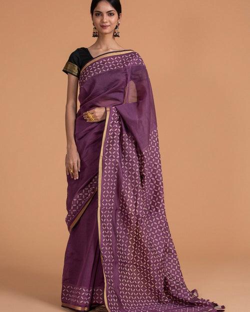 Chanderi Saree Applique Khuddi Motif, Violet