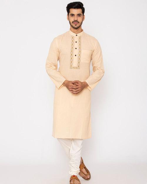 Chinese Collar Kurta Handwoven, Beige