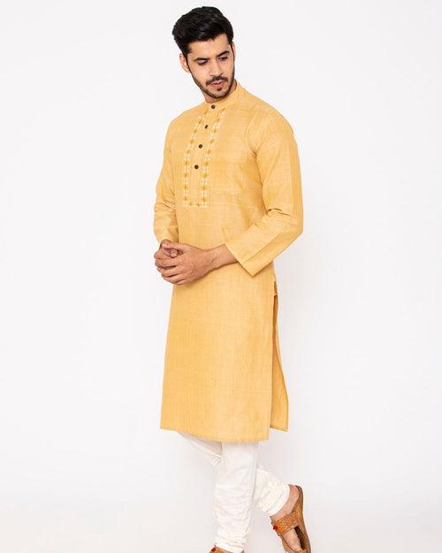 Chinese Collar Kurta Handwoven, Yellow