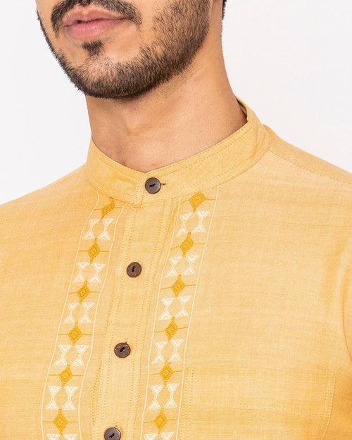 Chinese Collar Kurta Handwoven, Yellow