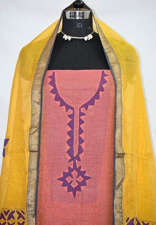 Kurta Fabric Applique Diamond Kungri, 2 Piece Tissue Maheshwari Silk Set with Dupatta