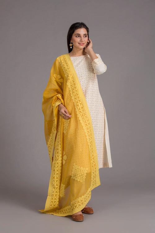 Duppatta Floral Diamond Applique Cotton with Ball Design Border, Mustard Yellow