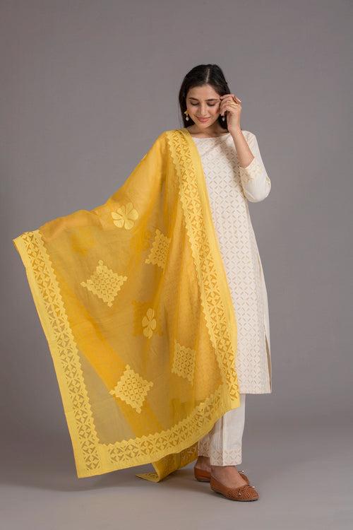 Duppatta Floral Diamond Applique Cotton with Ball Design Border, Mustard Yellow