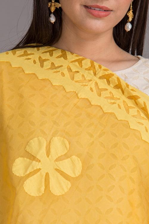 Duppatta Floral Diamond Applique Cotton with Ball Design Border, Mustard Yellow