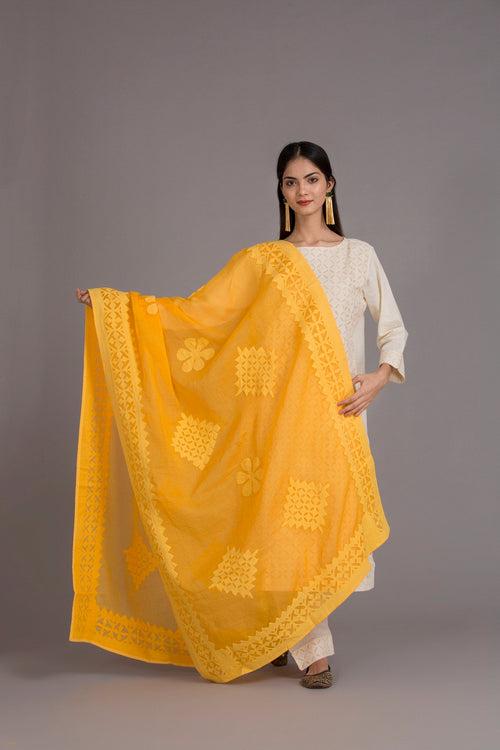 Duppatta Floral diamond Applique Cotton with Ball Design Border, Yellow