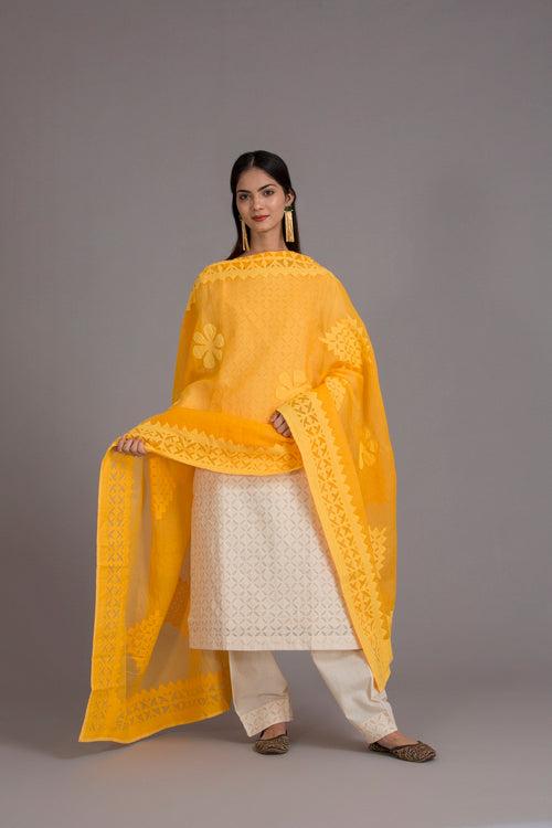 Duppatta Floral diamond Applique Cotton with Ball Design Border, Yellow