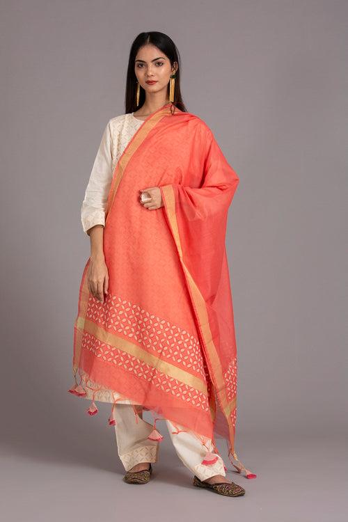 Duppatta Khuddi Design Applique Chanderi, Peach