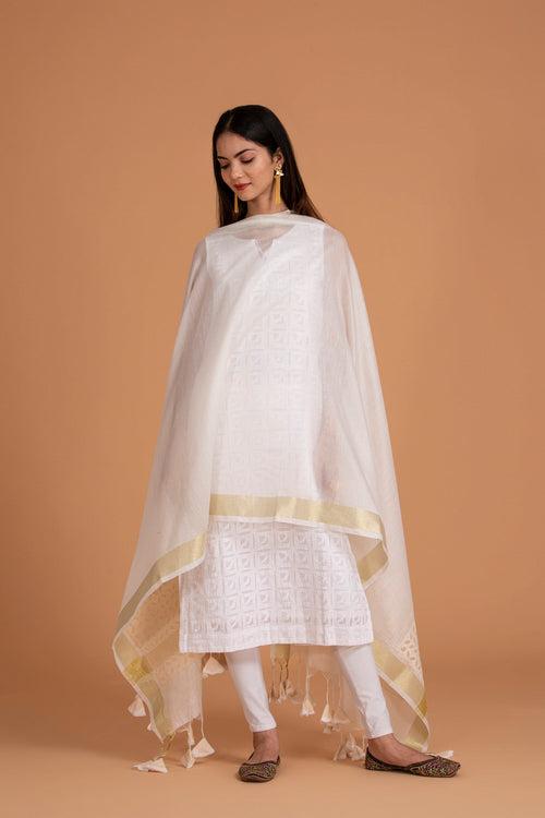 Duppatta Khuddi Design Applique Chanderi, Off White