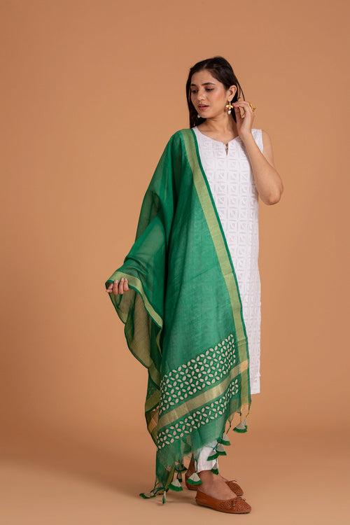 Duppatta Khuddi Design Applique Chanderi, Green