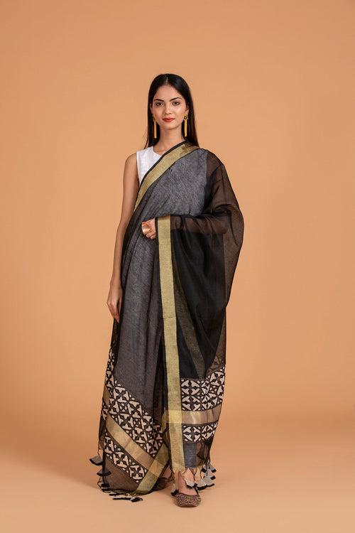 Duppatta/Stole Ball Design Applique Chanderi, Black