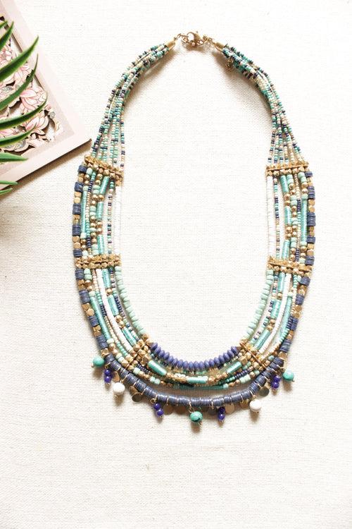 Shades of Blue Beads and Metal Accents Multi-Layer Handmade Necklace