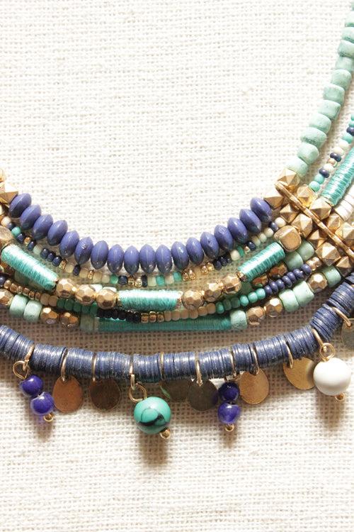 Shades of Blue Beads and Metal Accents Multi-Layer Handmade Necklace