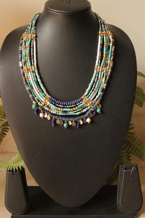 Shades of Blue Beads and Metal Accents Multi-Layer Handmade Necklace