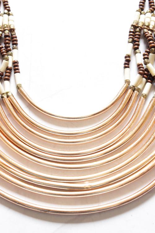 Ivory and Brown Wooden Beads and Copper Finish Semi-Circular Metal Accents Handmade Necklace